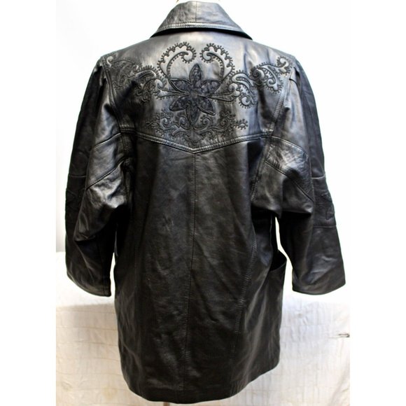 Vtg 80s ECHTES Leder Women's Leather Trench Coat Jacket Embroidered Detail Sz S - Picture 4 of 12
